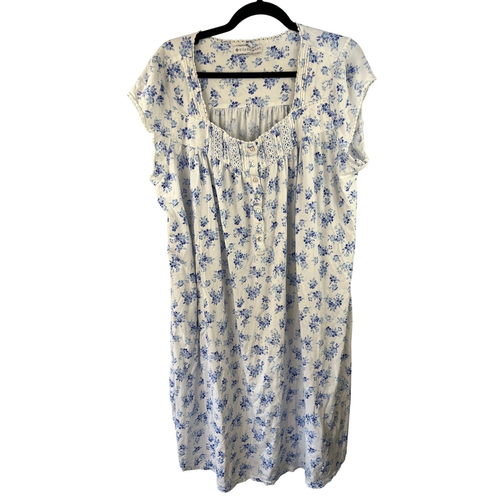 Eileen West Cotton‎ Modal Waltz Cap Sleeve Floral Nightgown SZ XL Lace Modest